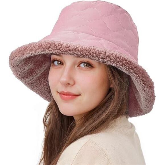 Women\'s Fuzzy Bucket Hat Wide Brim Faux Fur Winter Warm Hat, Pink
